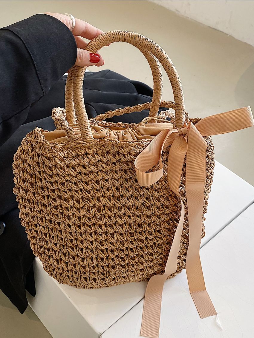 Tape Decor Drawstring Design Straw Bag
