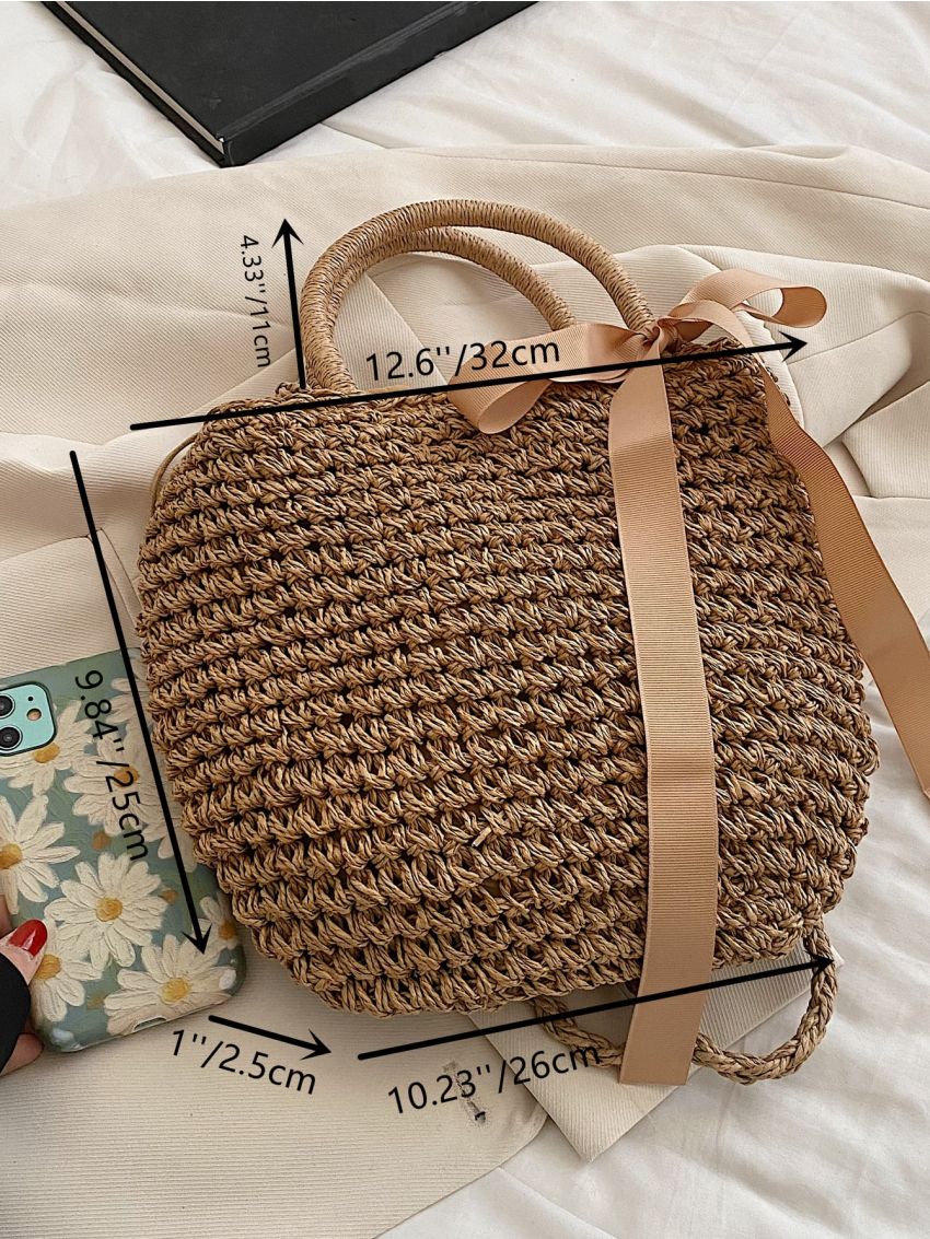 Tape Decor Drawstring Design Straw Bag