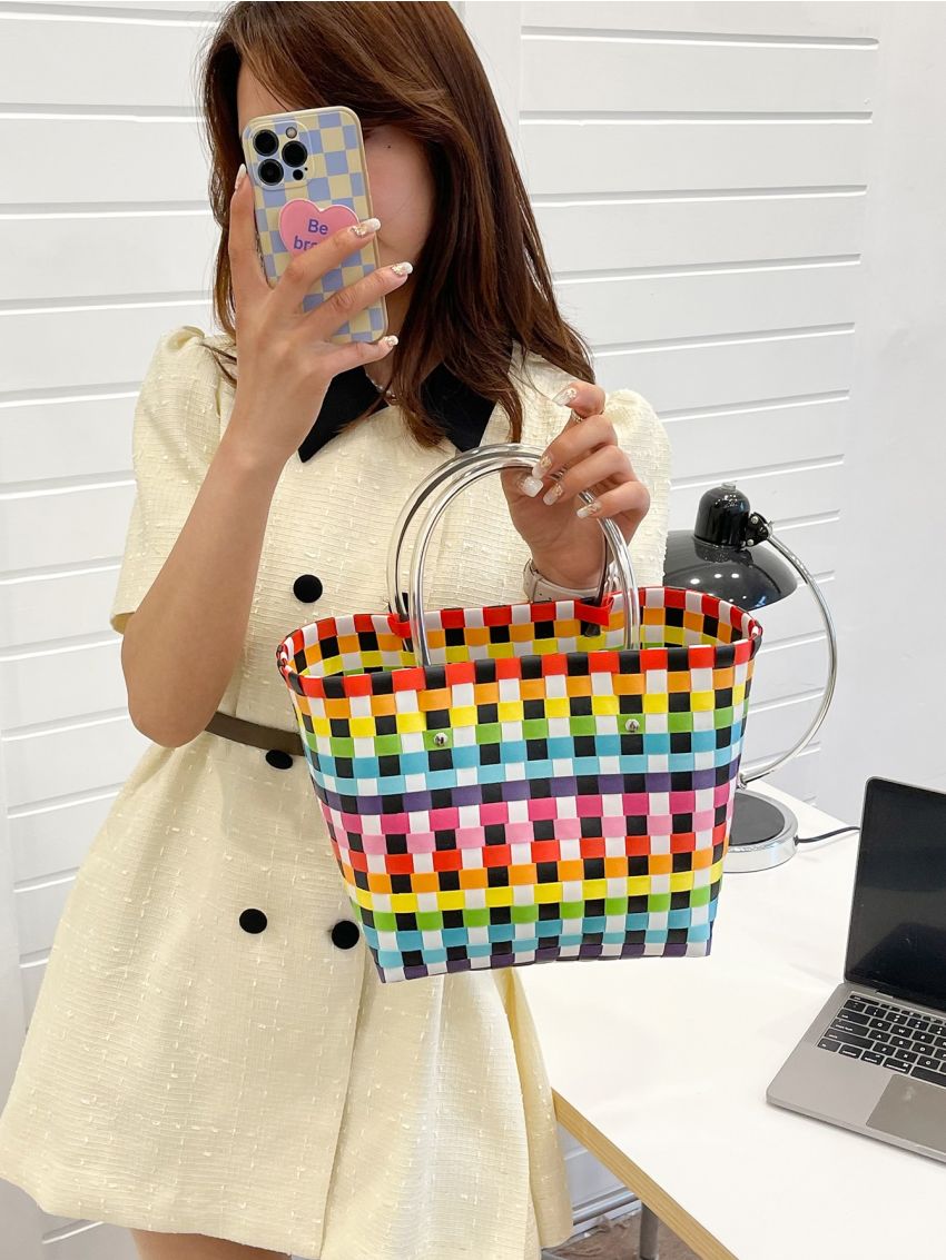 Plaid Pattern Straw Bag