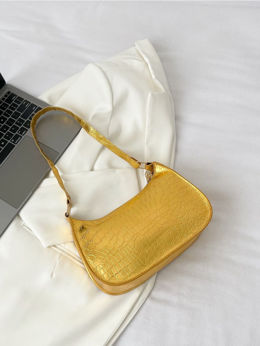 Metallic Crocodile Embossed Hobo Bag