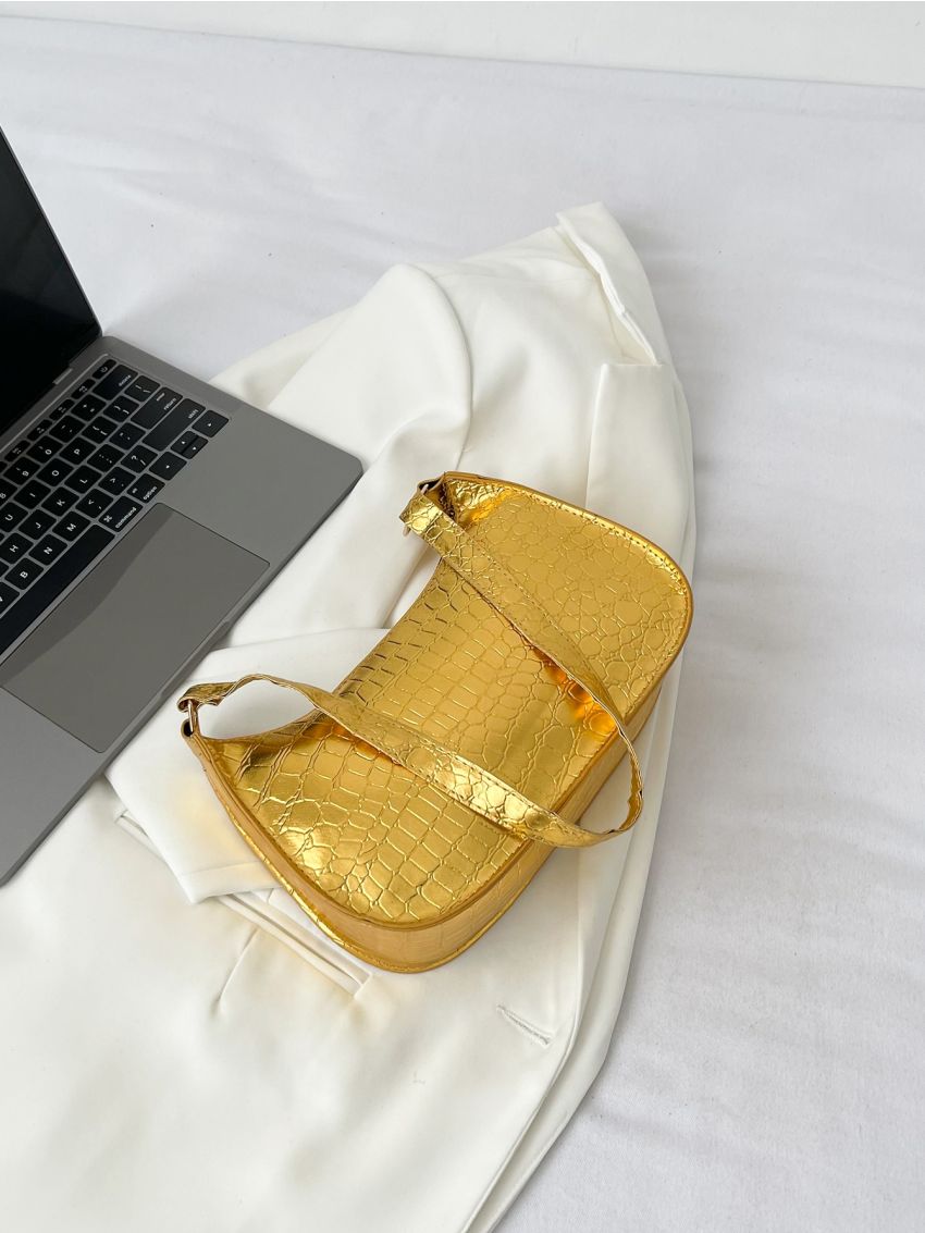 Metallic Crocodile Embossed Hobo Bag