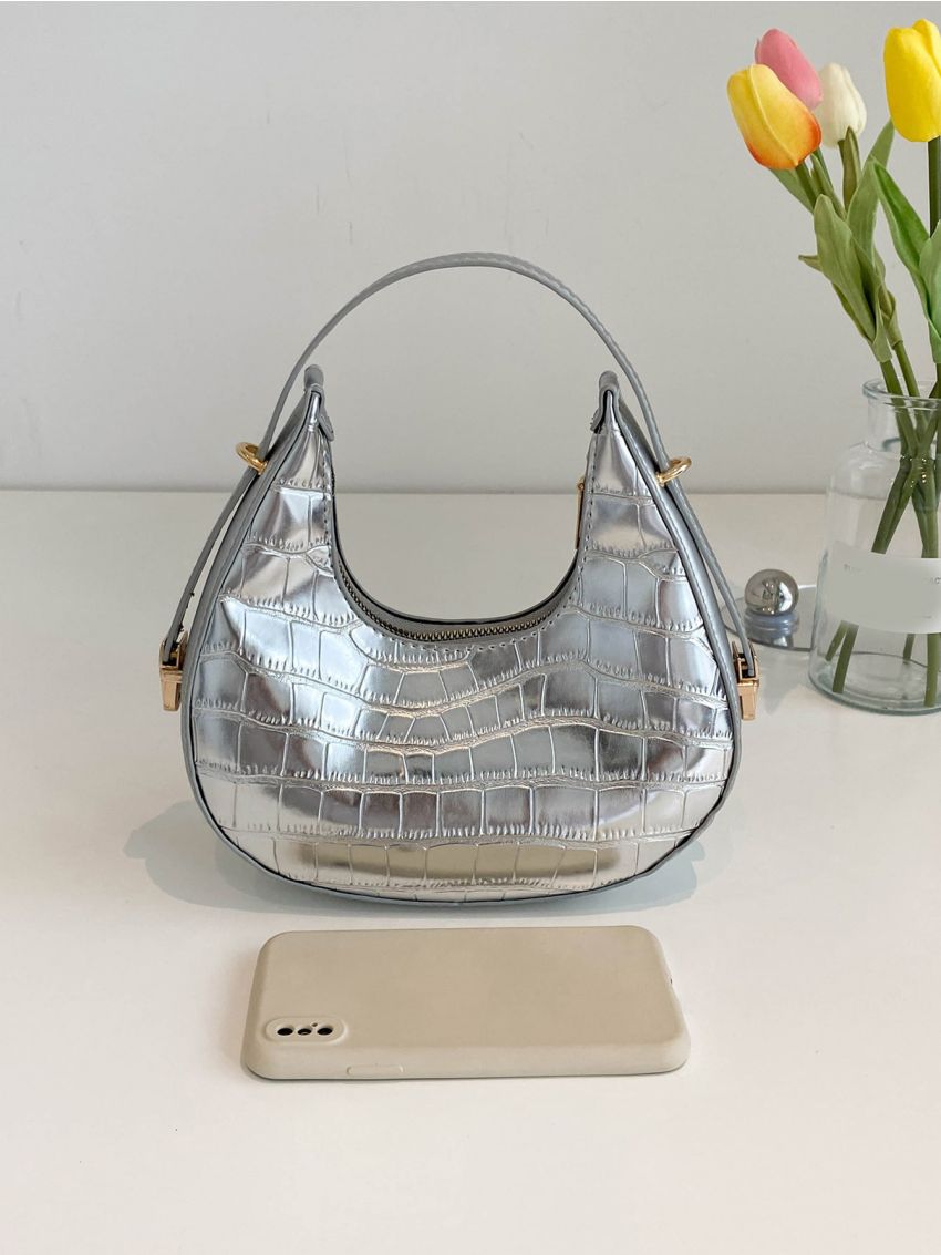 Metallic Crocodile Embossed Hobo Bag
