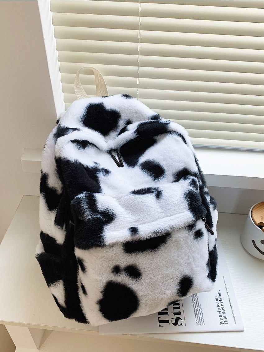 Fluffy Cow Print Backpack