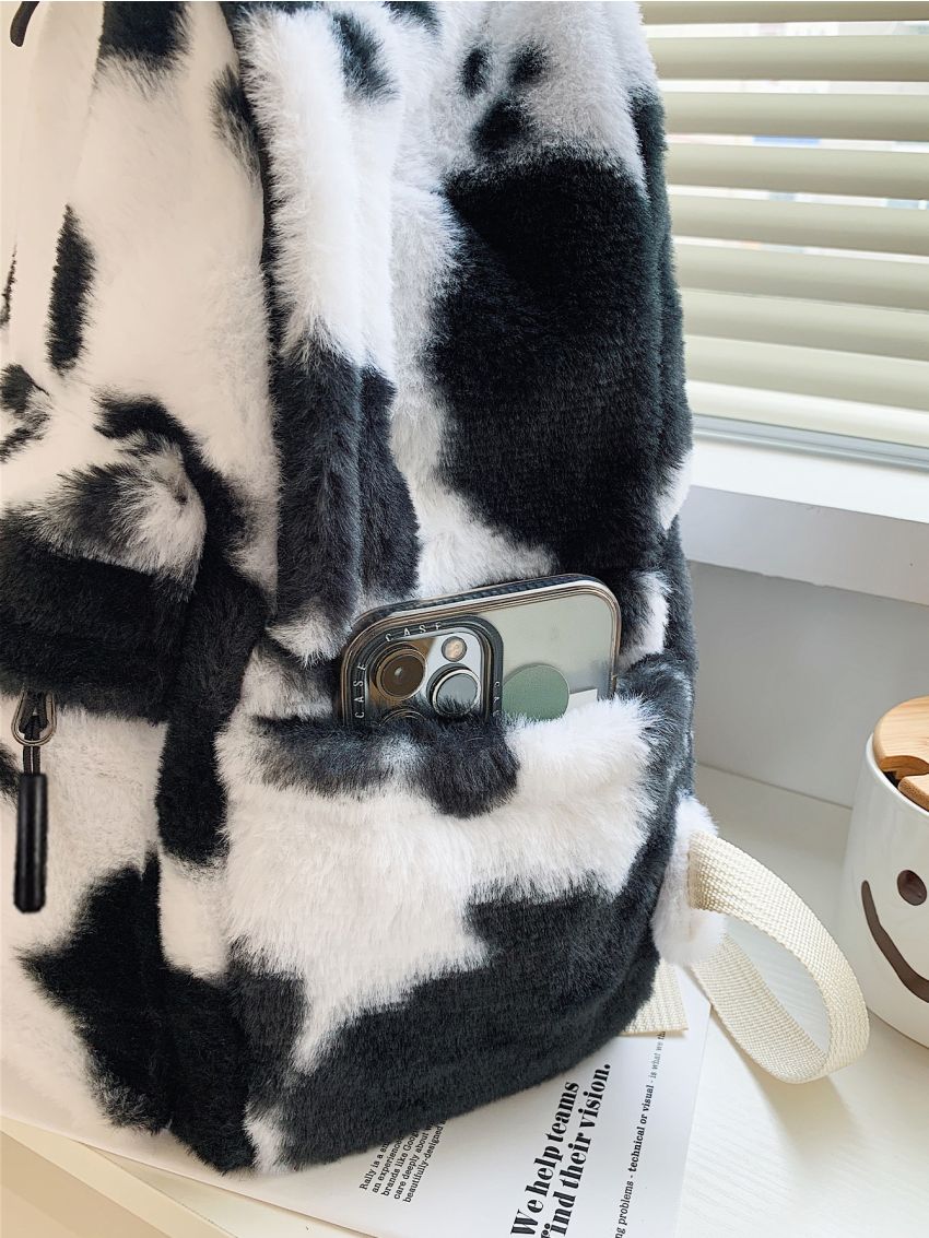 Fluffy Cow Print Backpack