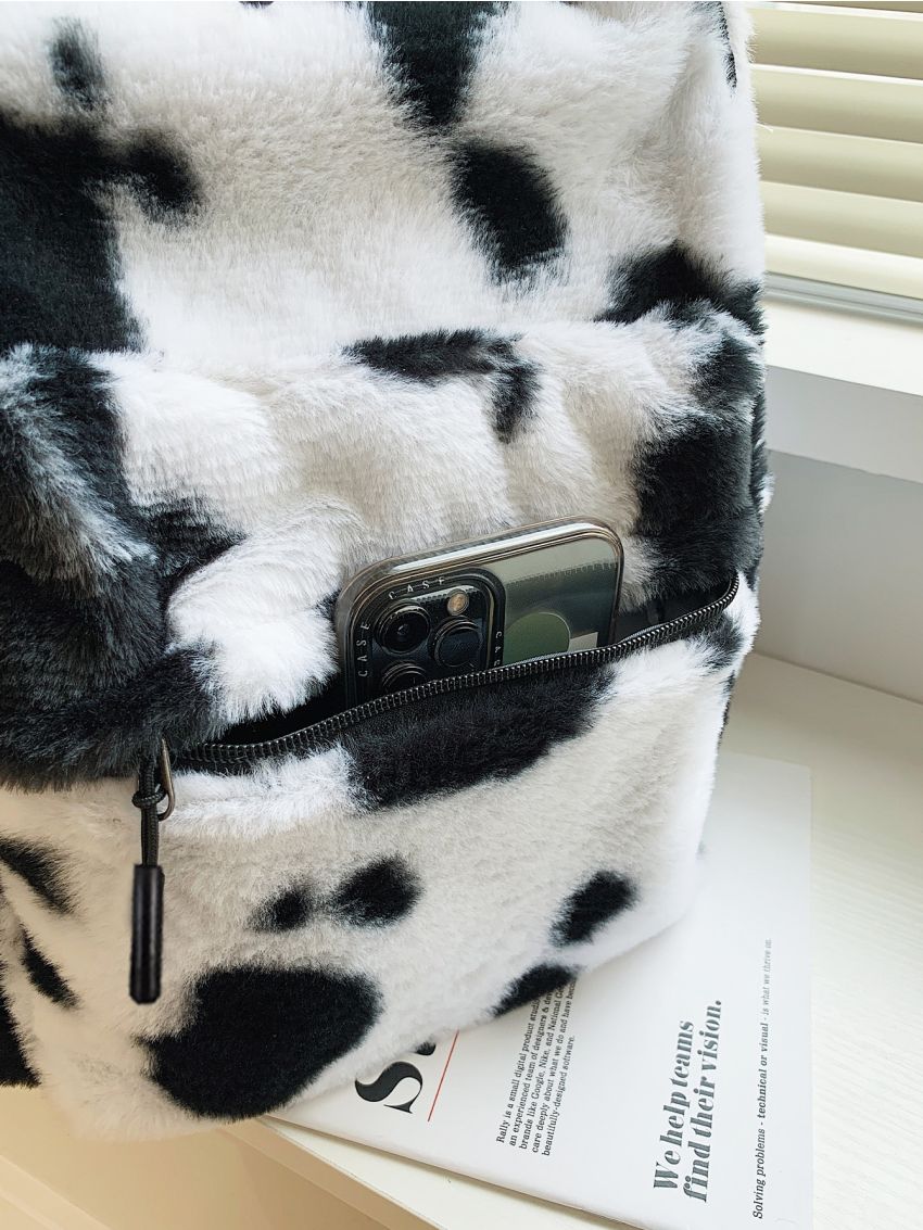 Fluffy Cow Print Backpack