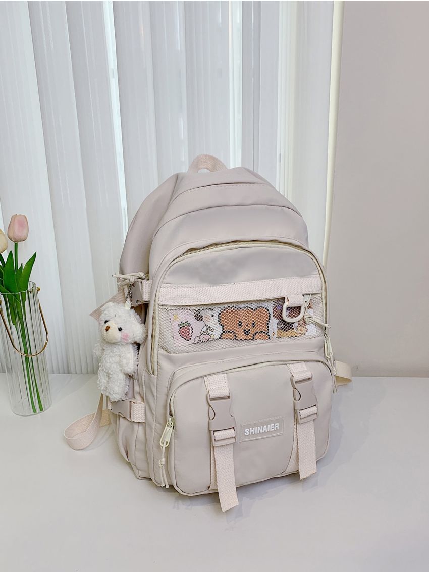 Mesh Panel Letter Patch Decor Functional Backpack With Bear Bag Charm