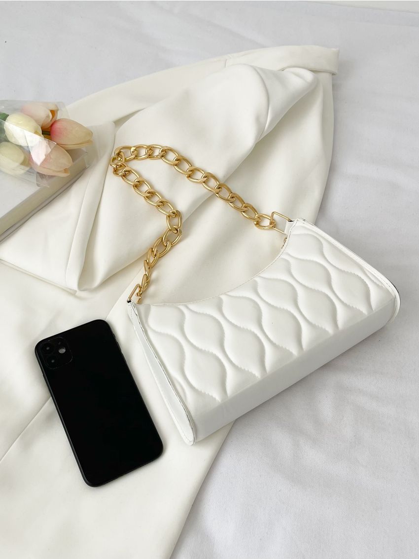 Quilted Detail Chain Baguette Bag