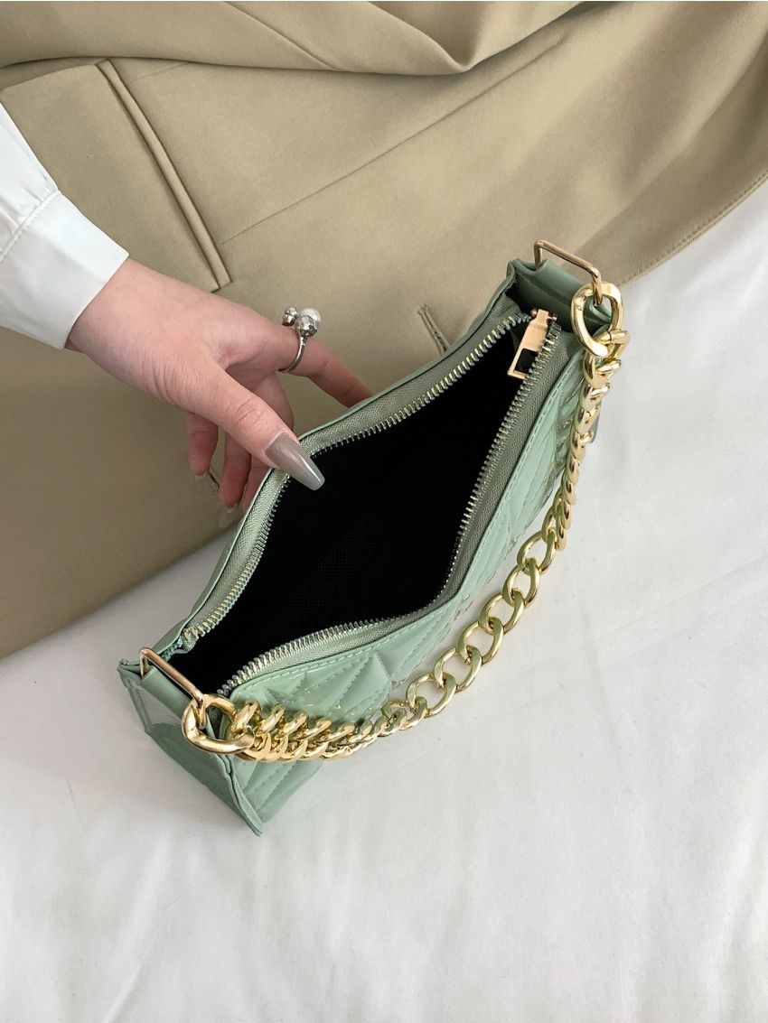 Quilted Chain Artificial Patent Leather Baguette Bag