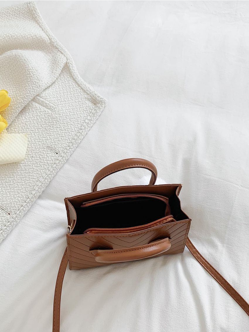 Chevron Embossed Pom-pom Decor Square Bag