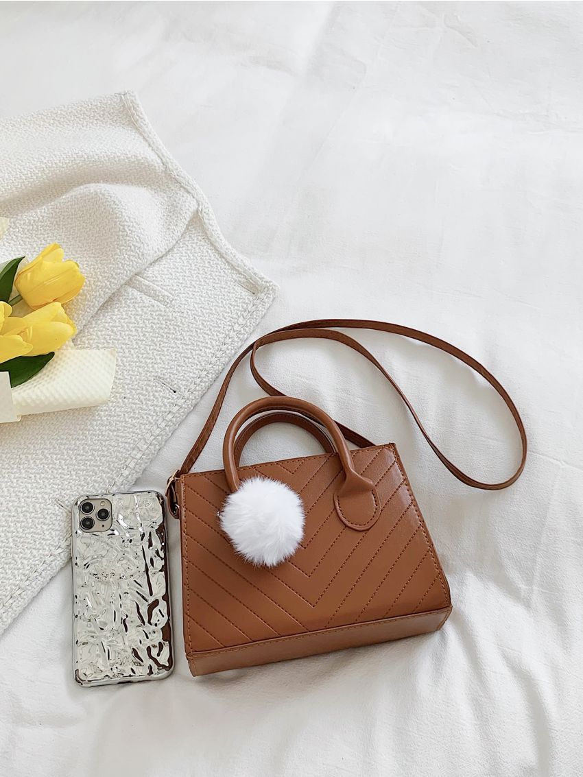 Chevron Embossed Pom-pom Decor Square Bag