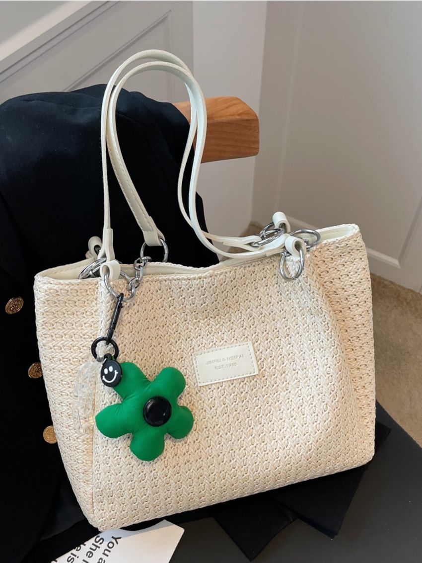 Letter Patch Decor Straw Bag Without Bag Charm