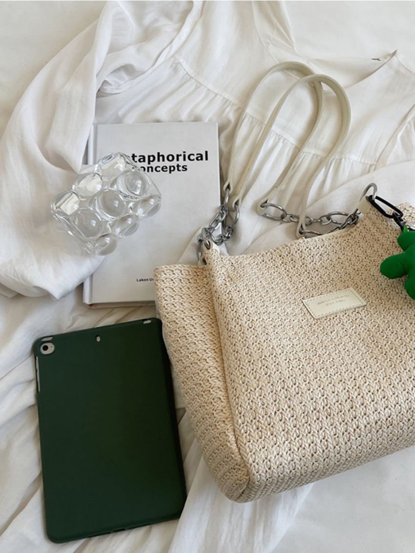 Letter Patch Decor Straw Bag Without Bag Charm