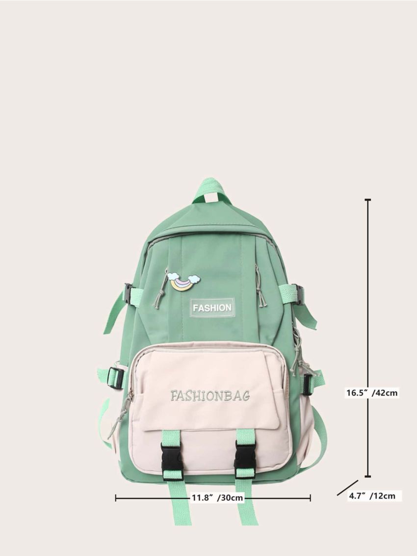 Two Tone Release Buckle & Badge Decor Functional Backpack