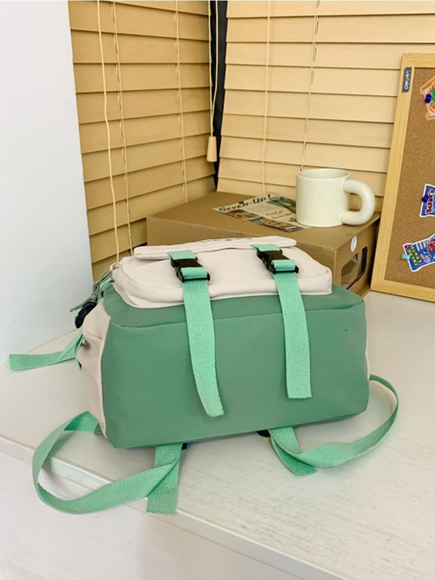 Two Tone Release Buckle & Badge Decor Functional Backpack