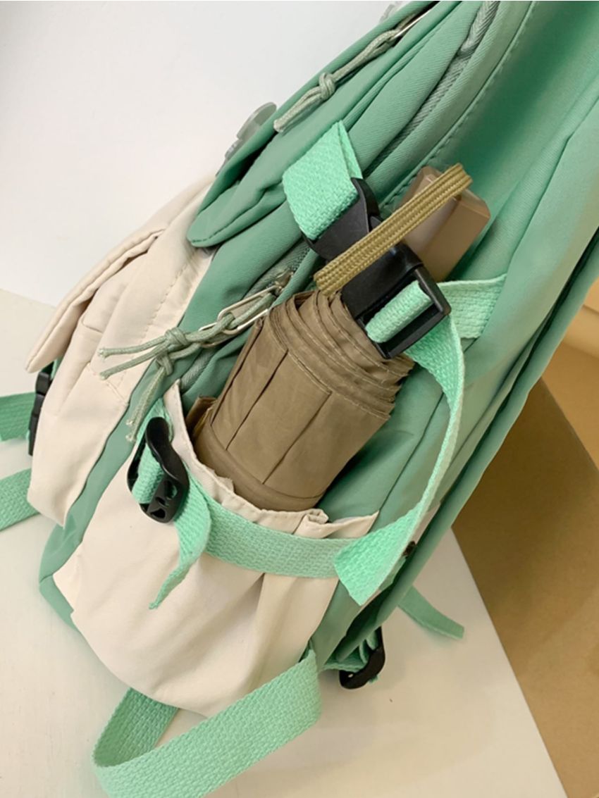 Two Tone Release Buckle & Badge Decor Functional Backpack