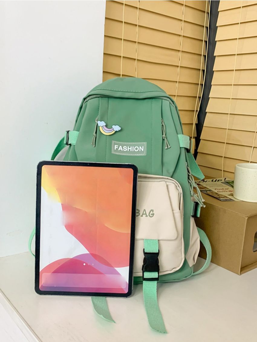 Two Tone Release Buckle & Badge Decor Functional Backpack