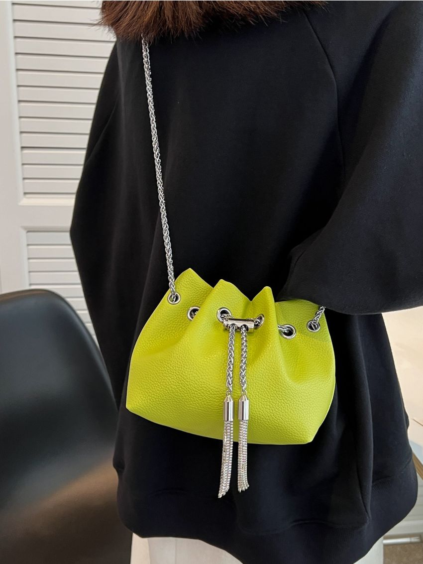 Mini Tassel Decor Drawstring Design Bucket Bag