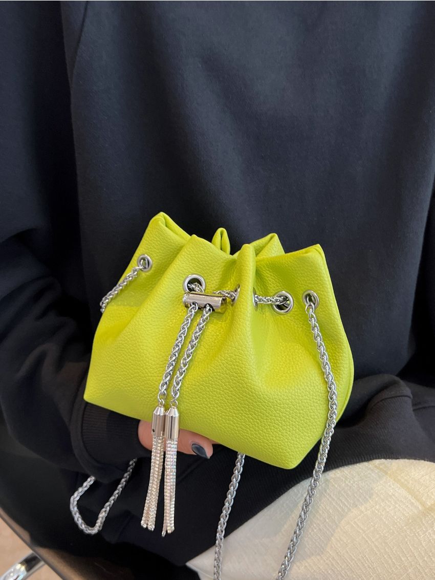 Mini Tassel Decor Drawstring Design Bucket Bag