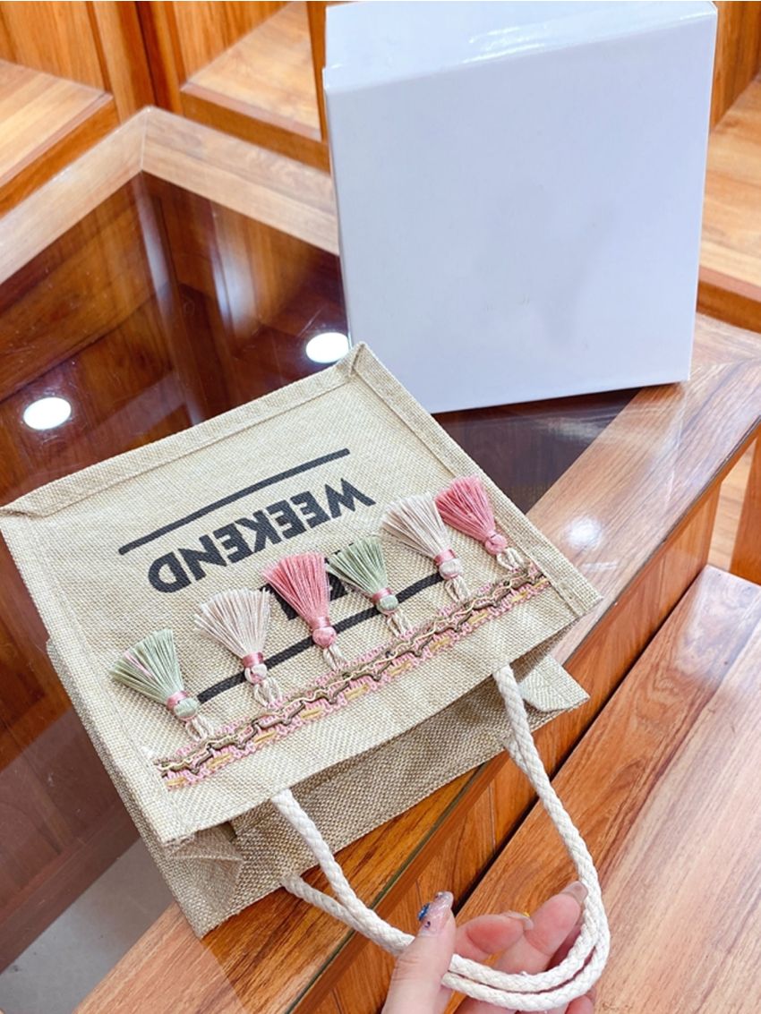 Letter Graphic Random Tassel Decor Square Bag