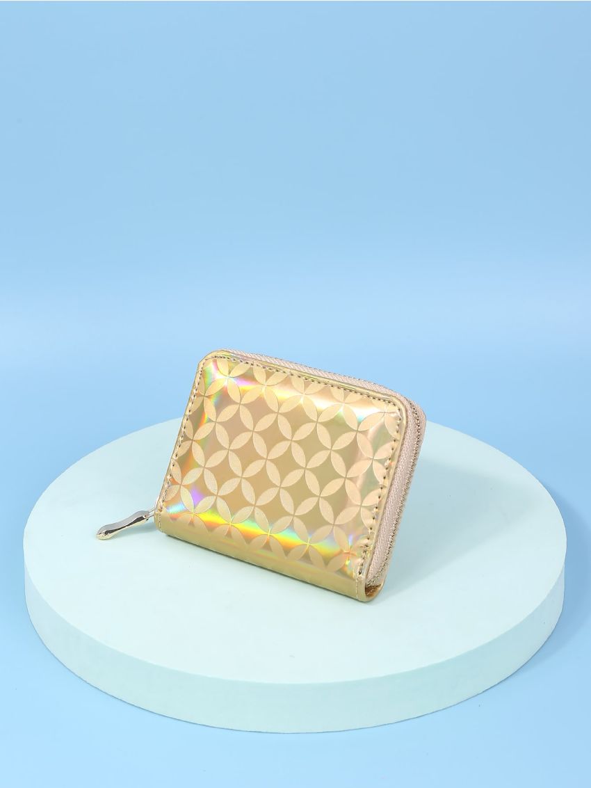 Holographic Geometric Print Zipper Around Small Wallet