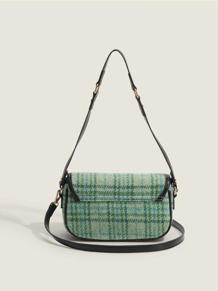 Plaid Pattern Twist Lock Flap Baguette Bag