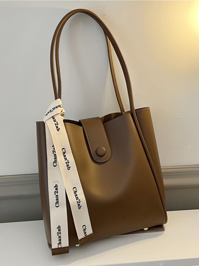 Letter Tape Decor Shoulder Tote Bag With Inner Pouch