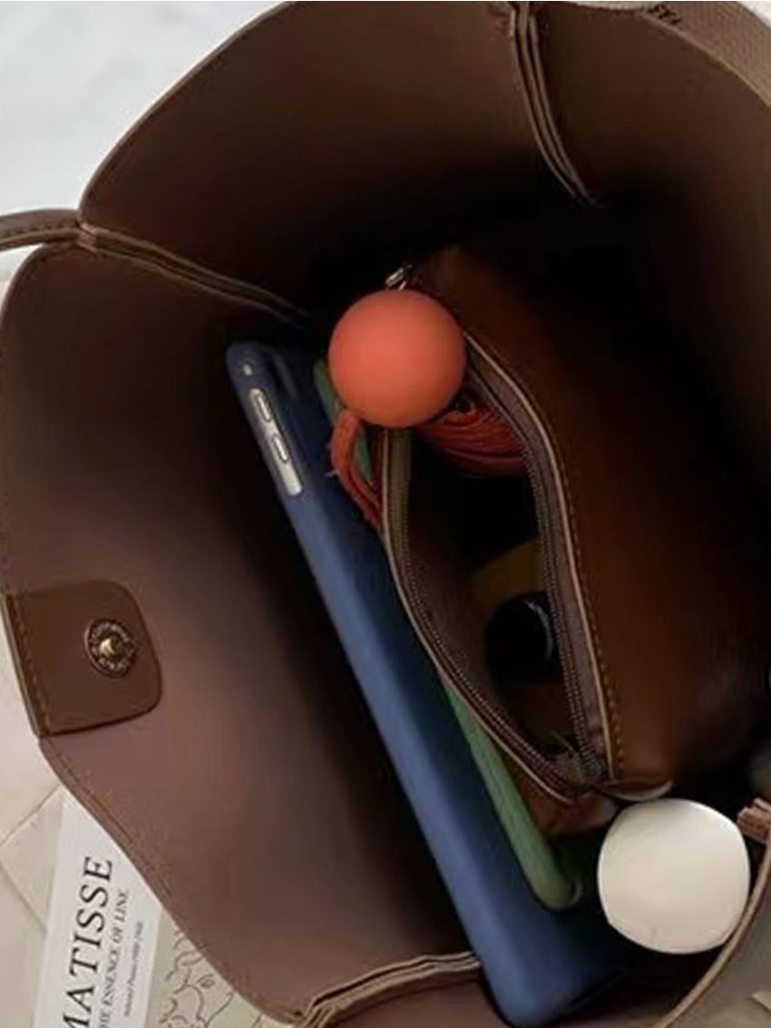 Letter Tape Decor Shoulder Tote Bag With Inner Pouch