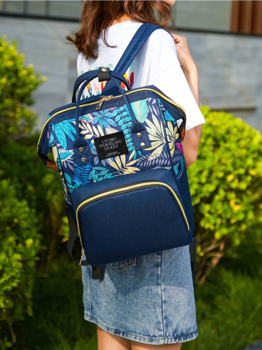 Colorful Leaf Print Pocket Front Backpack