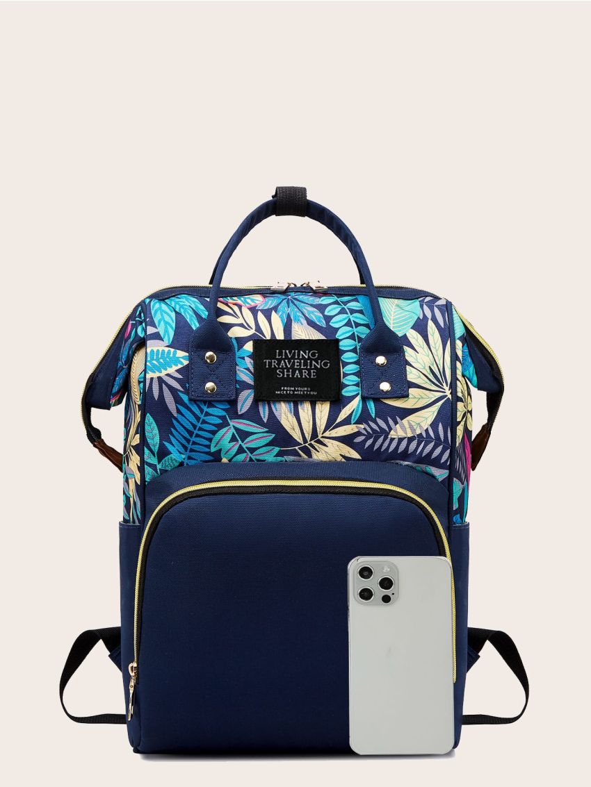 Colorful Leaf Print Pocket Front Backpack