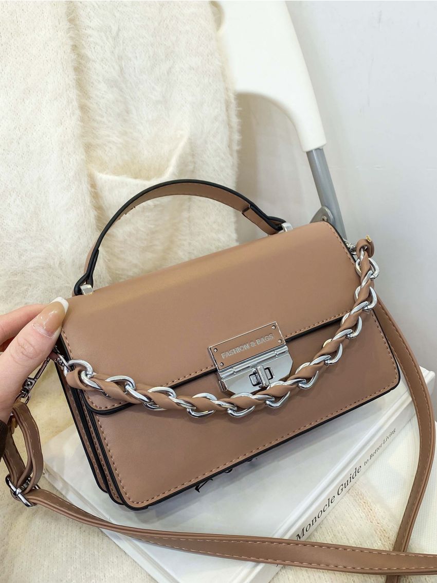 Letter Graphic Twist Lock Chain Decor Flap Square Bag