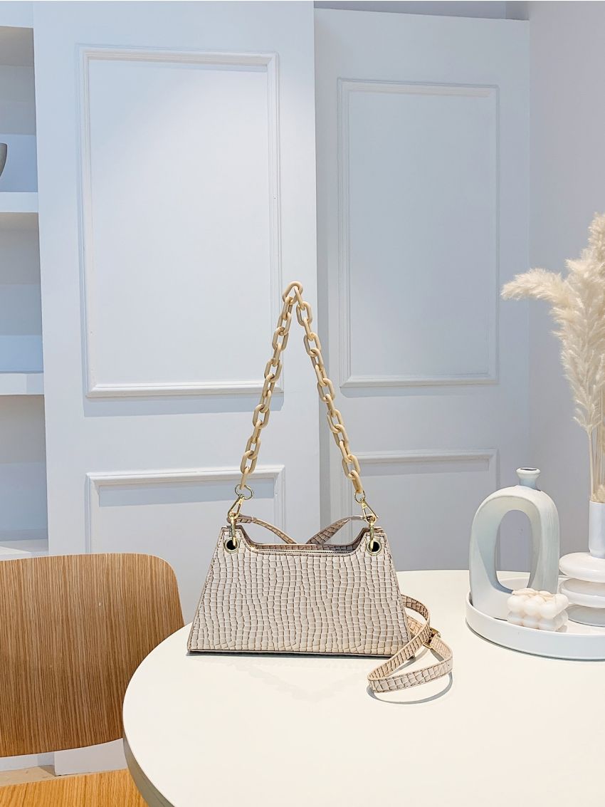 Crocodile Embossed Baguette Bag Medium Chain Strap