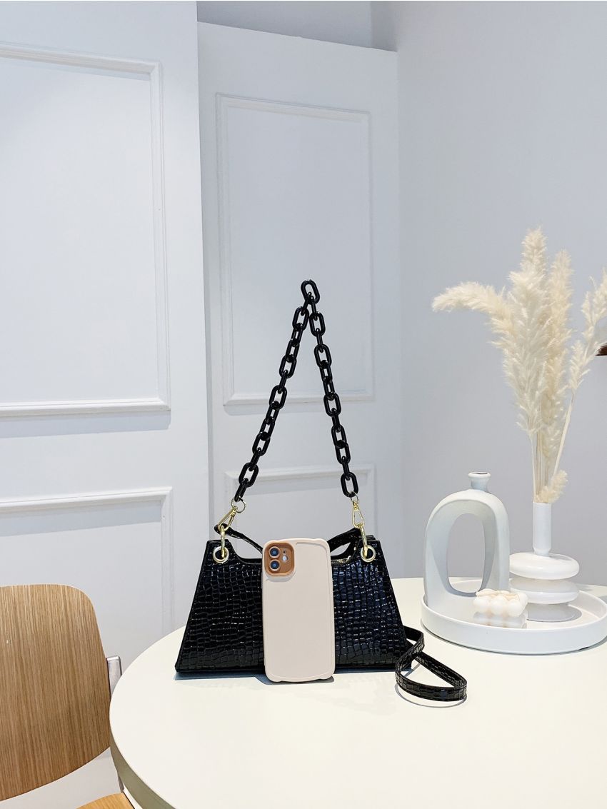 Crocodile Embossed Baguette Bag Medium Chain Strap
