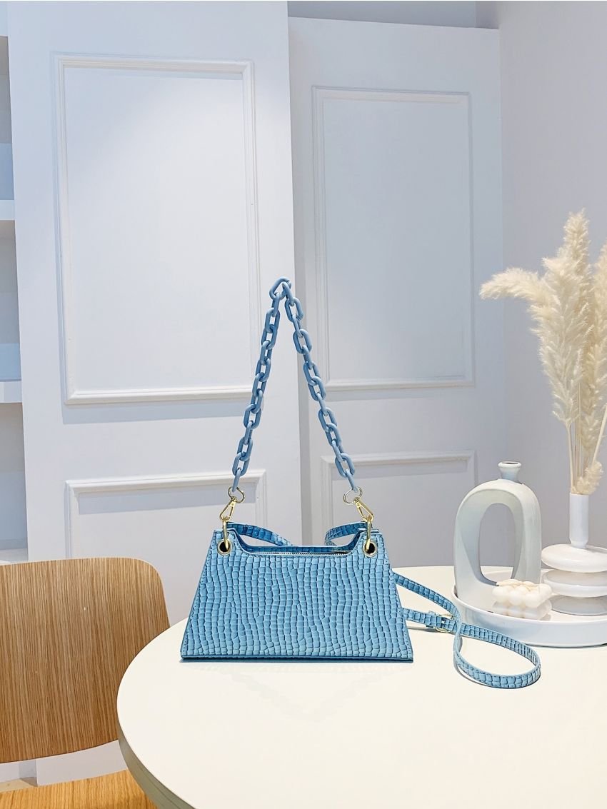Crocodile Embossed Baguette Bag Medium Chain Strap