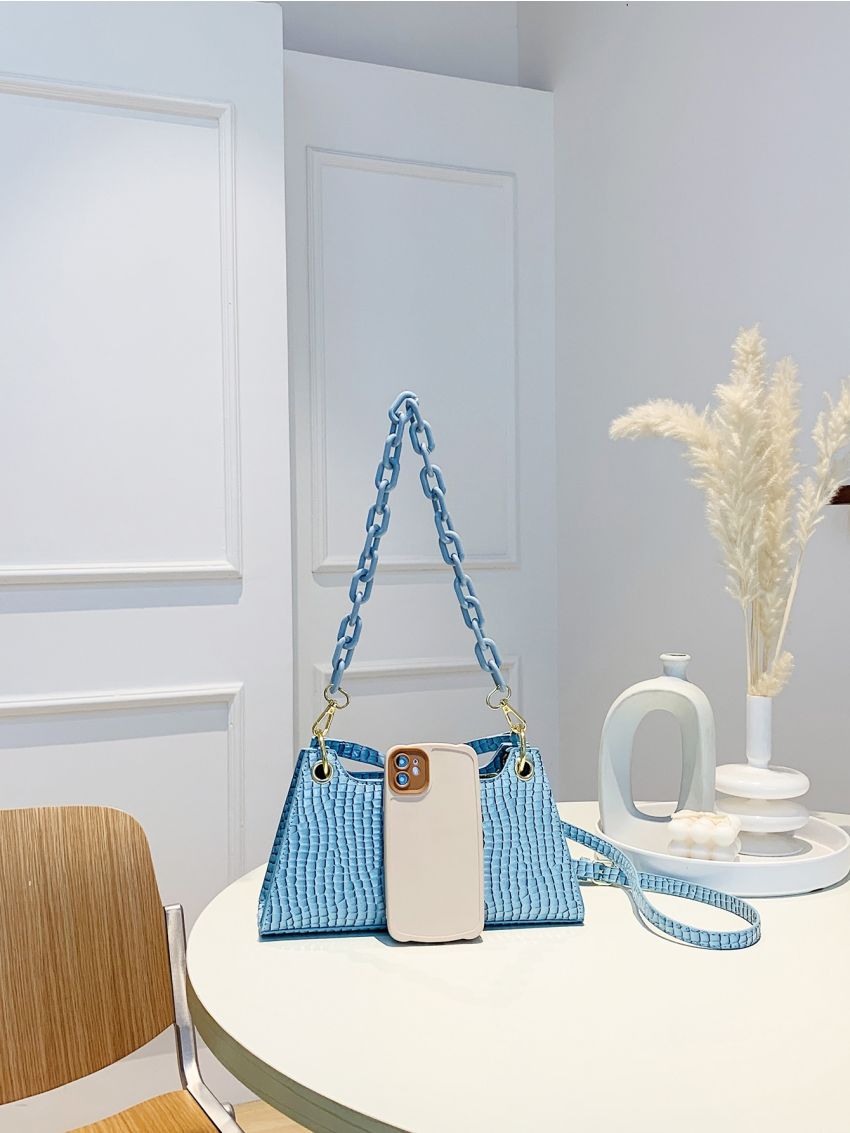 Crocodile Embossed Baguette Bag Medium Chain Strap