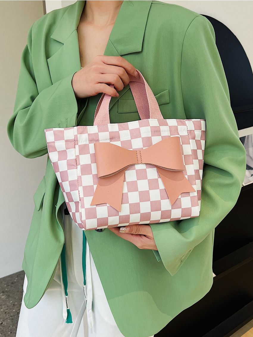 Checkered Pattern Bow Decor Shopper Bag