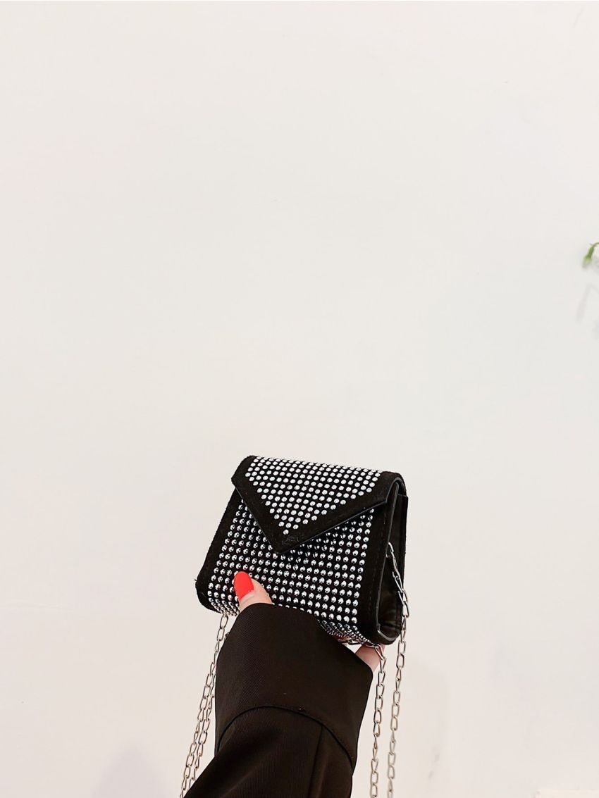 Mini Rhinestone Decor Flap Chain Square Bag