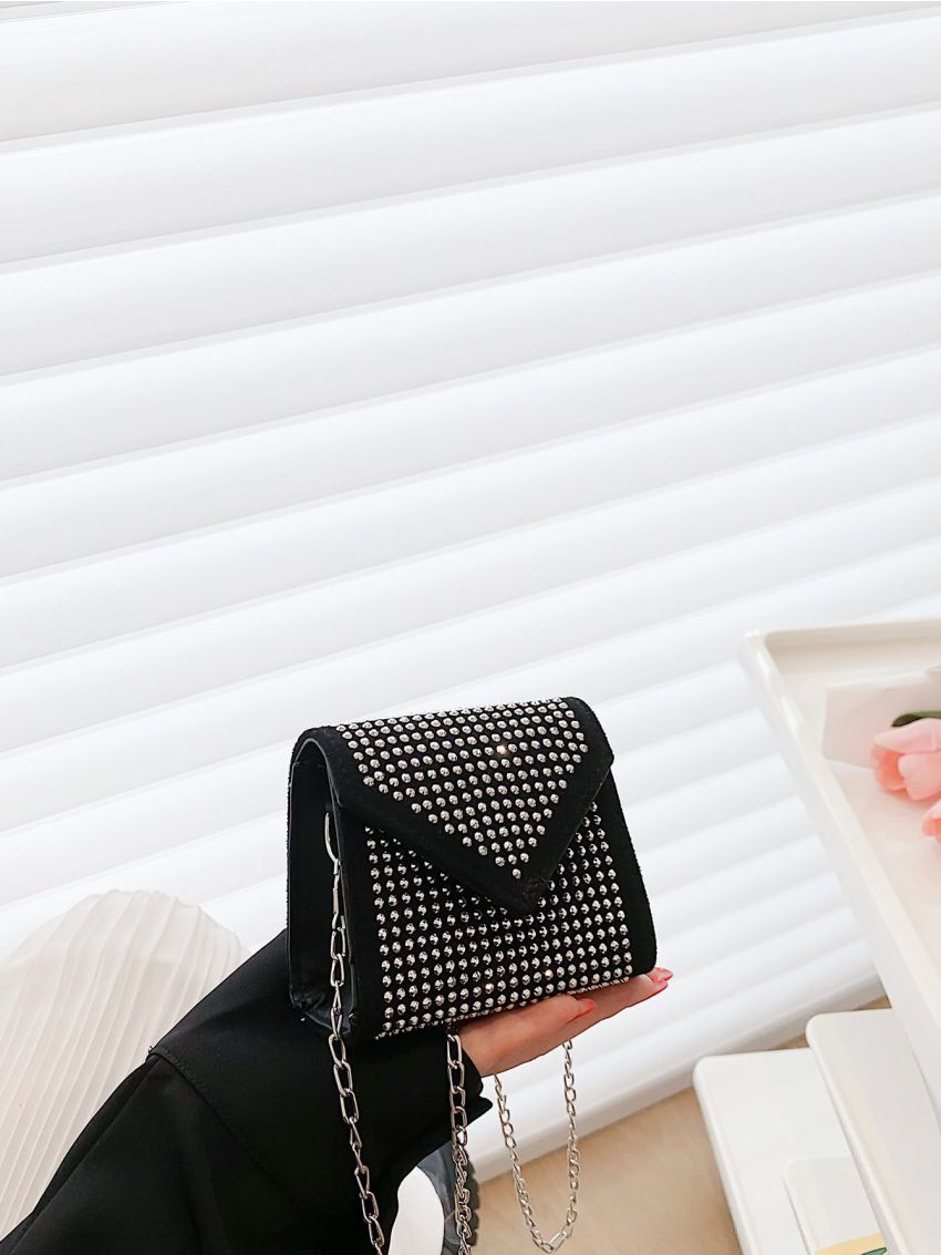 Mini Rhinestone Decor Flap Chain Square Bag