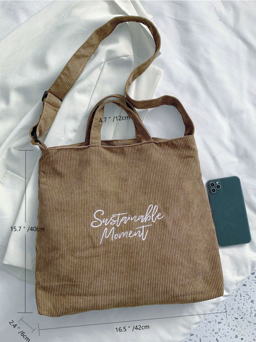 Corduroy Letter Graphic Top Handle Bag