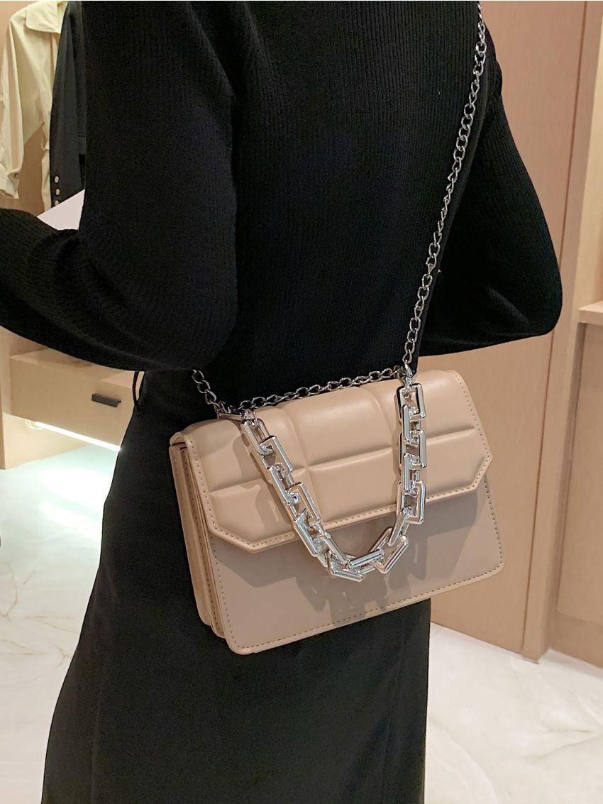 Plaid Embossed Chain Flap Square Bag