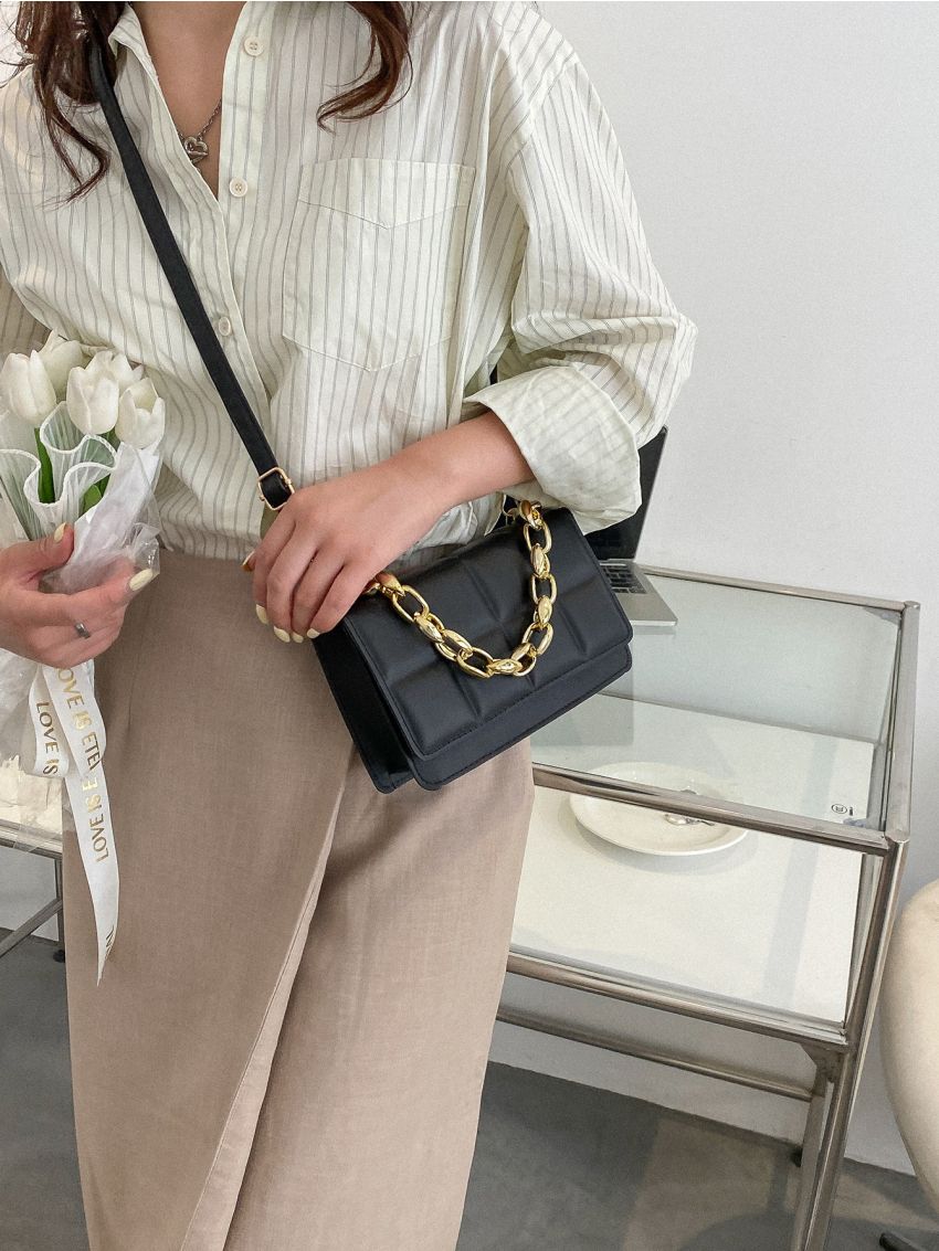 Mini Chain Decor Textured Flap Hobo Bag