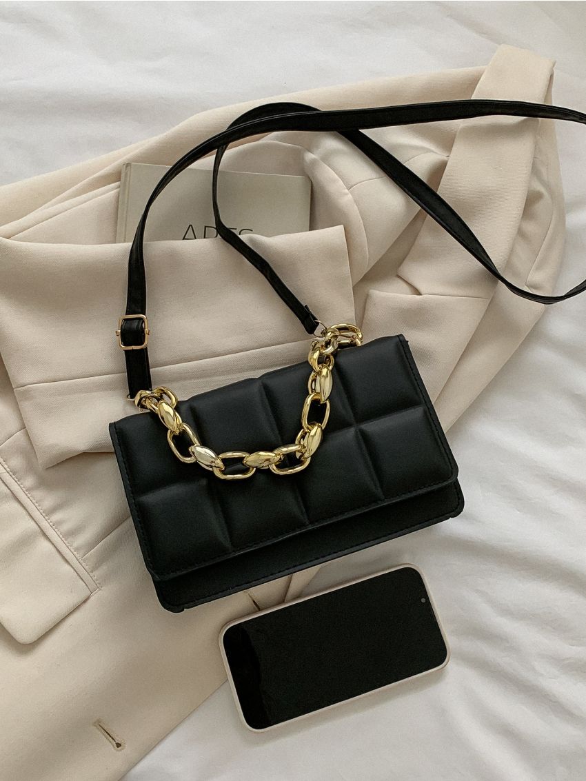 Mini Chain Decor Textured Flap Hobo Bag