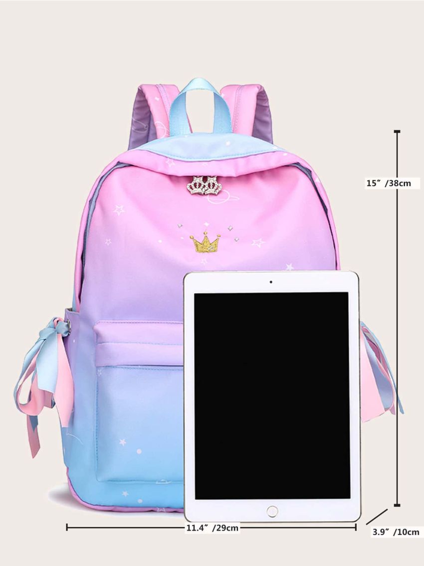 Ombre Crown Embroidered Star Print Bow Decor Functional Backpack