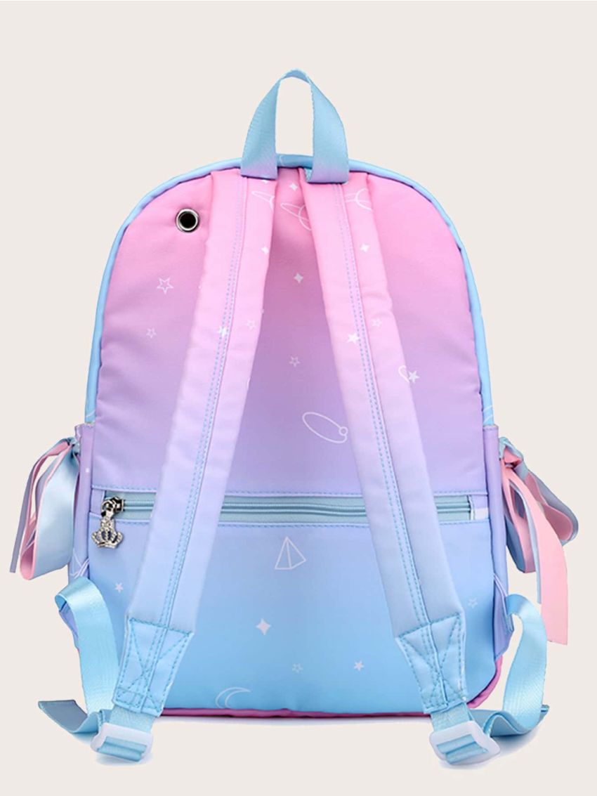 Ombre Crown Embroidered Star Print Bow Decor Functional Backpack