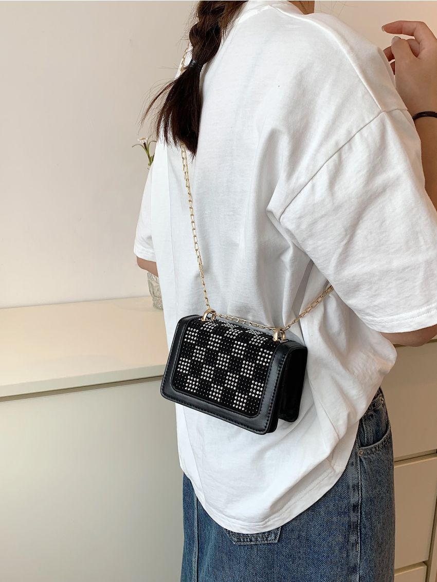 Mini Rhinestone Decor Flap Chain Square Bag