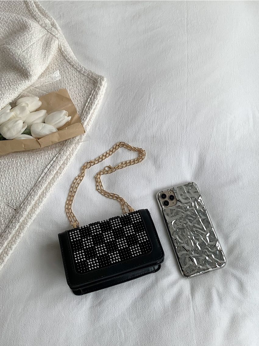 Mini Rhinestone Decor Flap Chain Square Bag