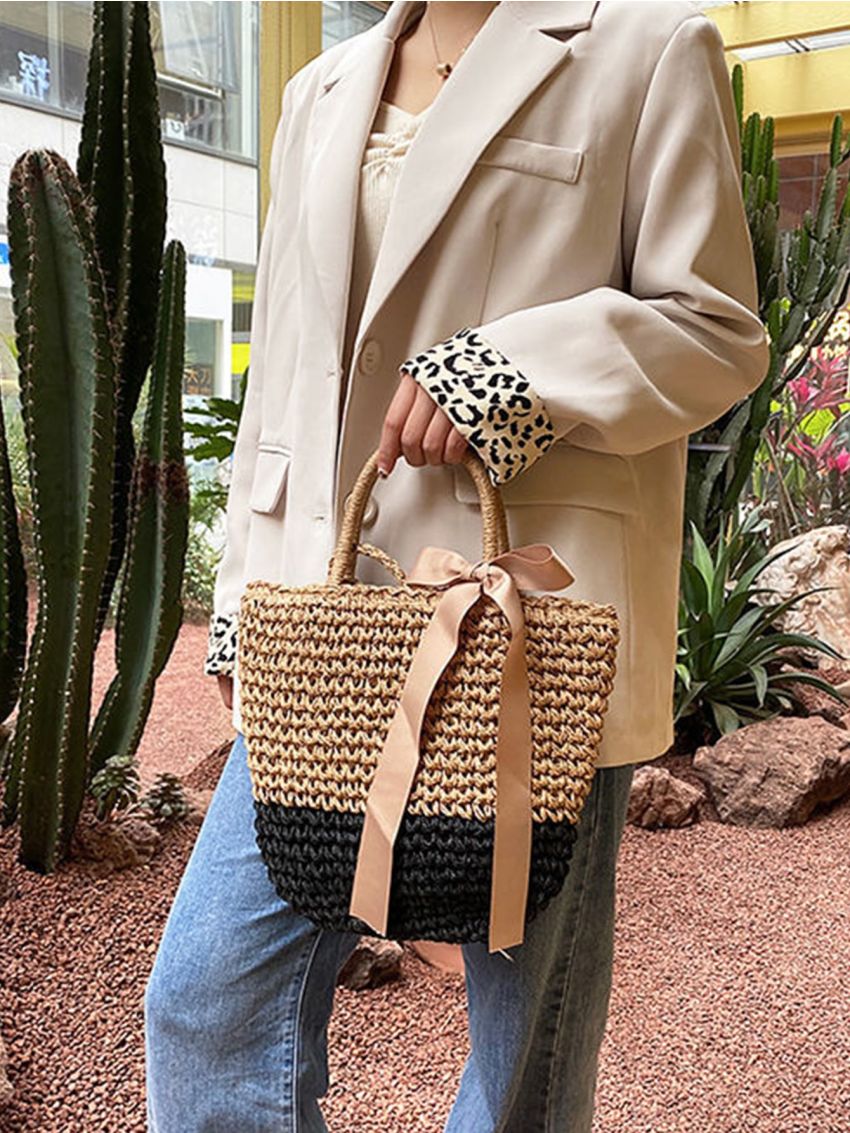 Twilly Scarf Decor Drawstring Design Straw Bag