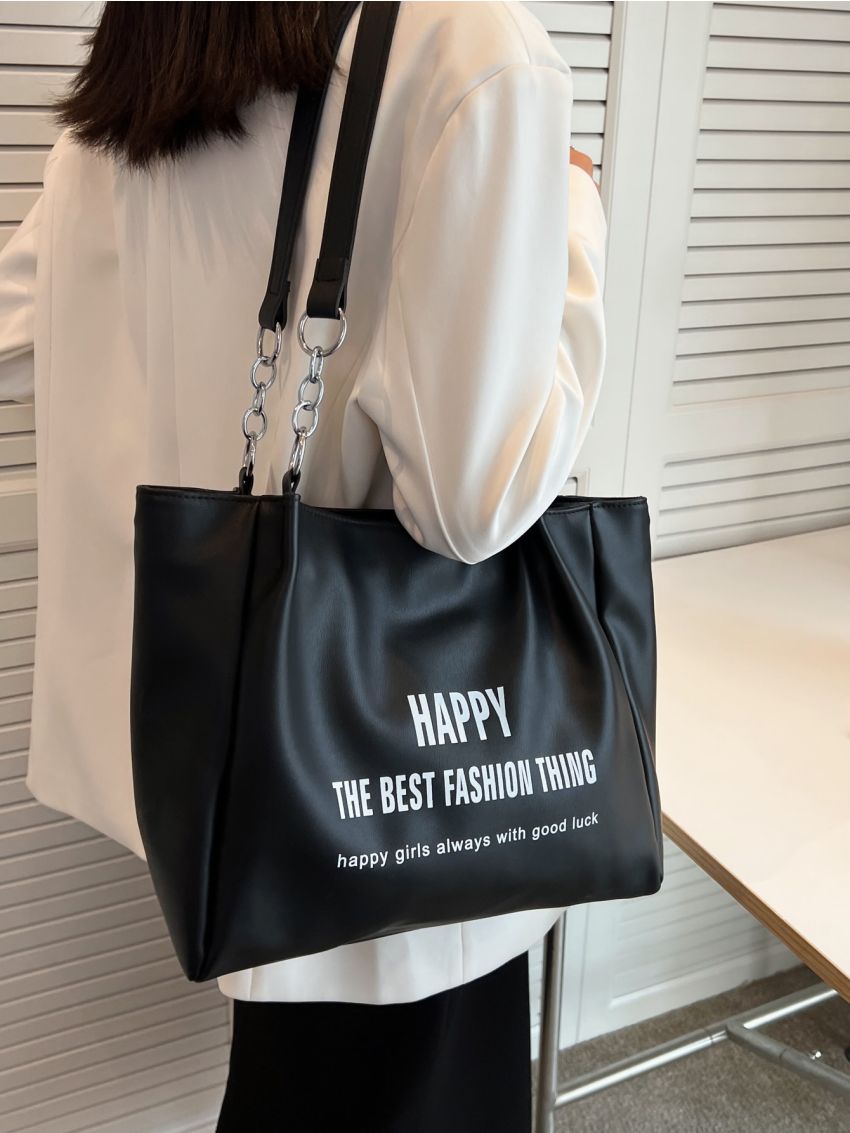 Slogan Graphic Shoulder Tote Bag