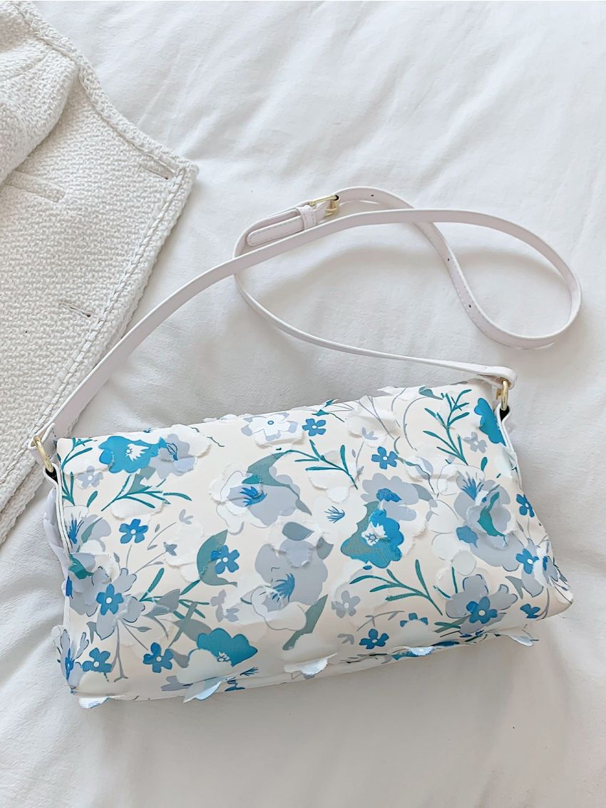 Floral Print Appliques Decor Flap Chain Square Bag