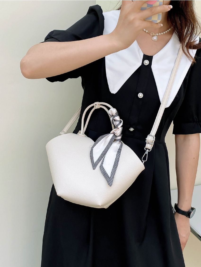 Litchi Embossed Twilly Scarf Decor Top Handle Bag With Inner Pouch