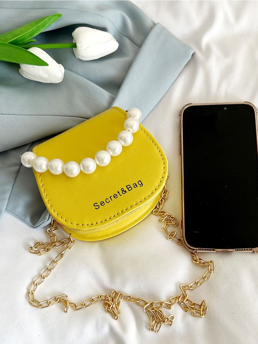 Mini Flap Saddle Bag Letter Graphic Pearl Strap